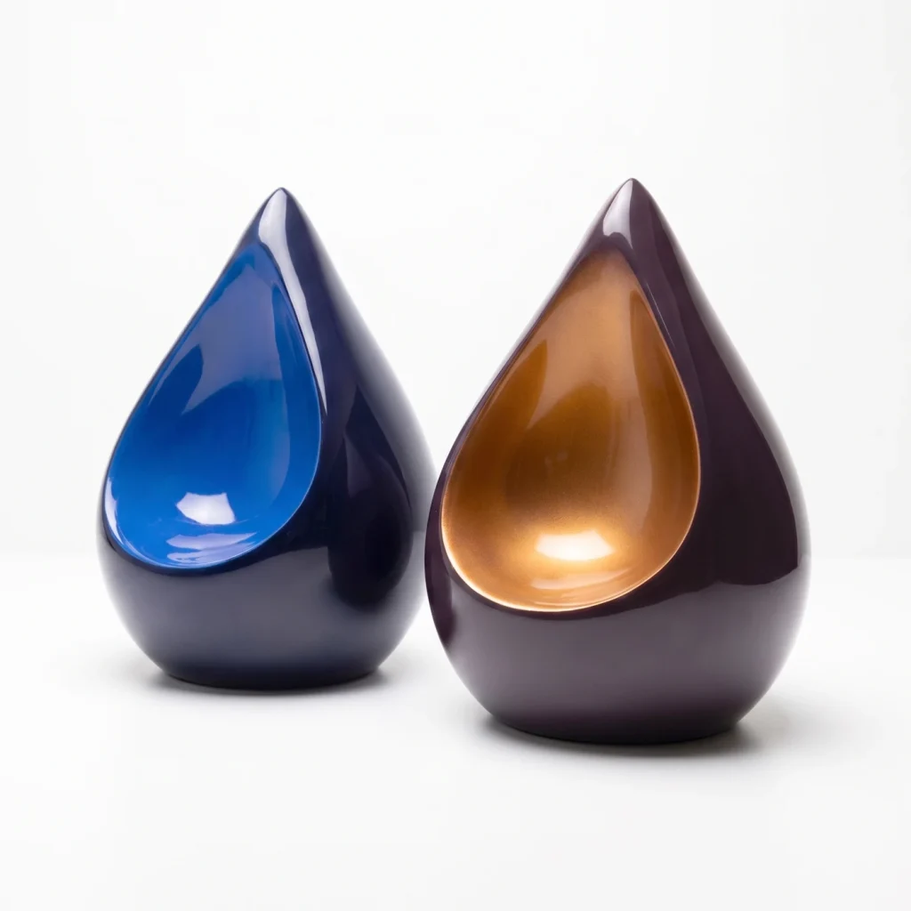 Ember Embrace Companion Cremation Urns featuring two elegant, modern teardrop-shaped memorials with subtle, light-reflecting metallic interiors on a seamless white background.