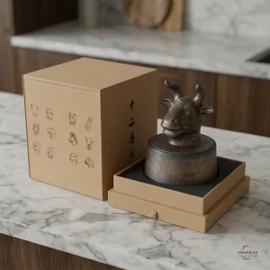 A handcrafted stoneware cremation urn shaped like an ox head, presented in a cardboard box with zodiac animal illustrations, resting on a marble countertop.