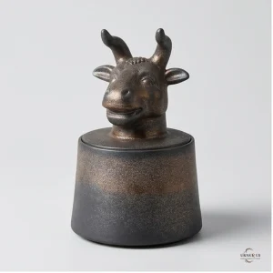 Front view of a handcrafted stoneware cremation urn for ashes, shaped like an ox head with horns, on a white background. The urn has a dark, speckled finish with bronze accents.