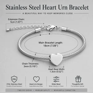 Professional dimensions infographic for a 316L stainless steel heart urn bracelet for ashes, featuring an 18cm snake chain and 5cm extension, quality inspected for the Australian market