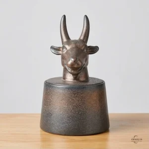 A handcrafted stoneware cremation urn with a goat head lid, designed to hold ashes, displayed on a wooden surface.