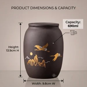 Product dimensions and capacity chart for the Tranquil Flight Gold Crane ceramic memorial keepsake urn, showing 13.9cm height, 9.8cm width, and 690ml capacity.
