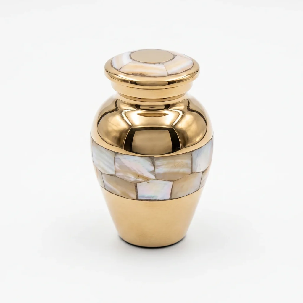 Small gold keepsake urn for ashes featuring iridescent pearl petal mosaic bands on a white background.