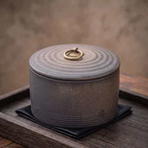A high-resolution studio photo of a dark, metalescent bronze-patina ceramic caddy with its concentric rippled lid slightly ajar, revealing rising steam and a clean interior. The ornate brass sunburst-base handle is prominently detailed.