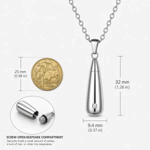 Silver teardrop cremation urn necklace dimensions compared with Australian $1 coin