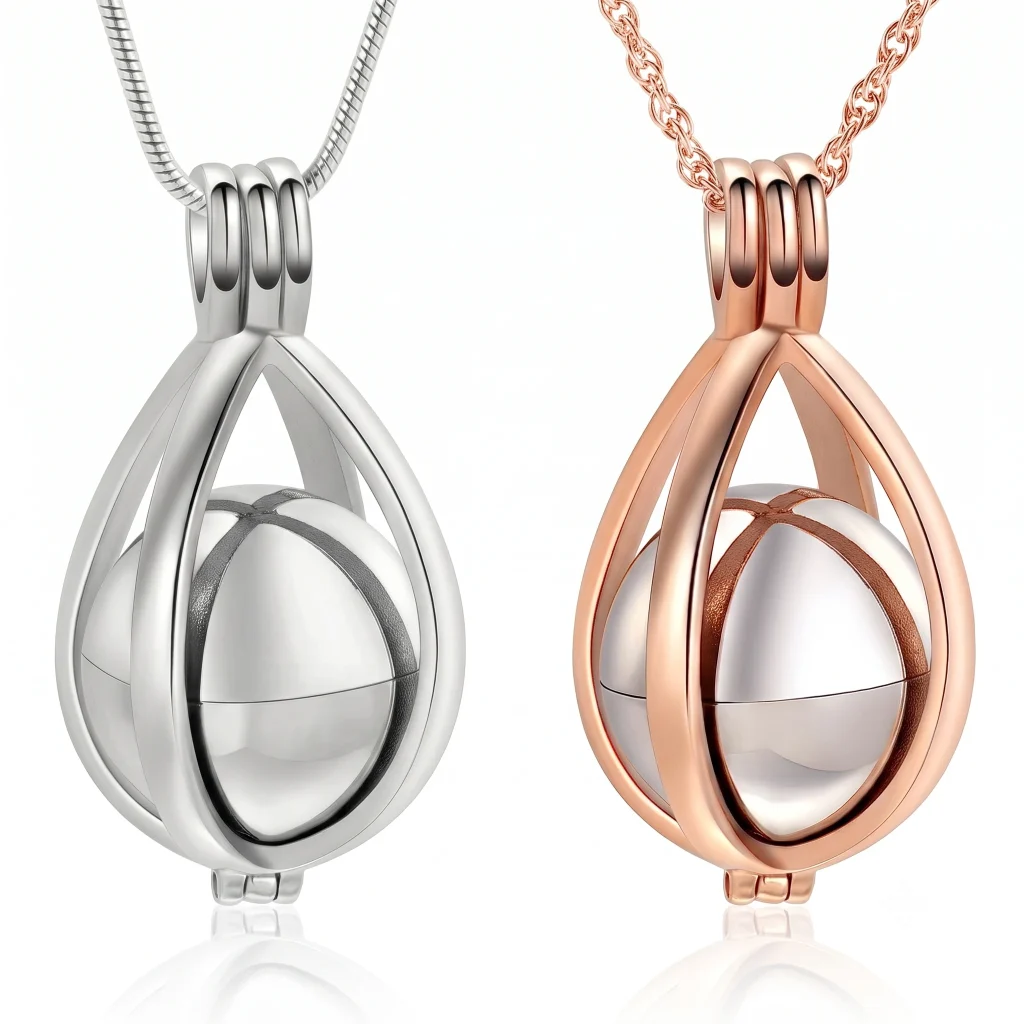 A close-up view of two teardrop-shaped cage locket pendants, one in polished silver and one in rose gold, each hanging from a matching chain on a white background. Inside each open cage is a segmented silver sound ball.