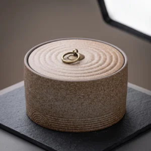 Studio shot of a textured beige ceramic urn with a brass ring handle on the lid, sitting on a dark slate tile.