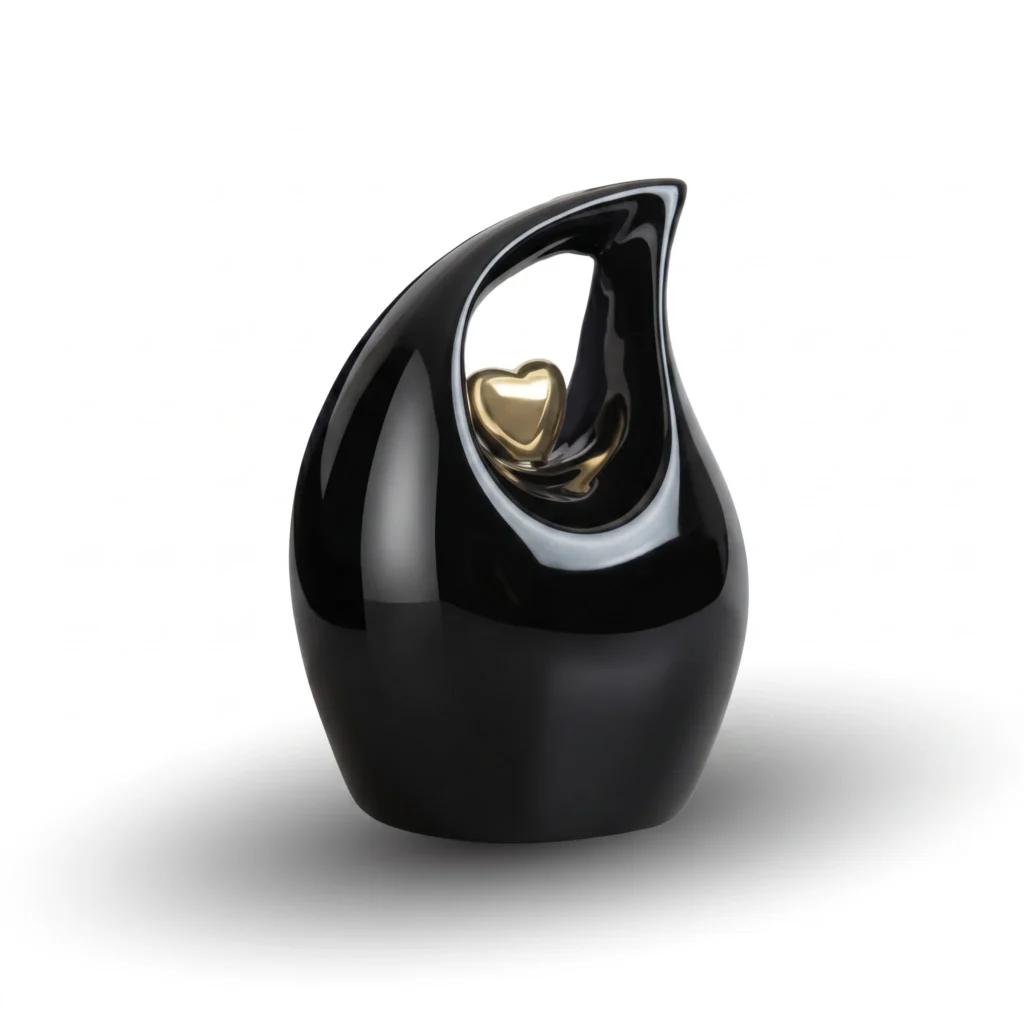 Black teardrop keepsake urn for ashes featuring a suspended small golden heart, isolated on a white background.