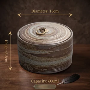 Vintage Japanese style ceramic keepsake urn for ashes sitting on a warm wooden table with a delicate feather resting beside it. Elegant graphic overlays indicate the urn's dimensions: 13cm diameter, 8.3cm height, and 600ml capacity.