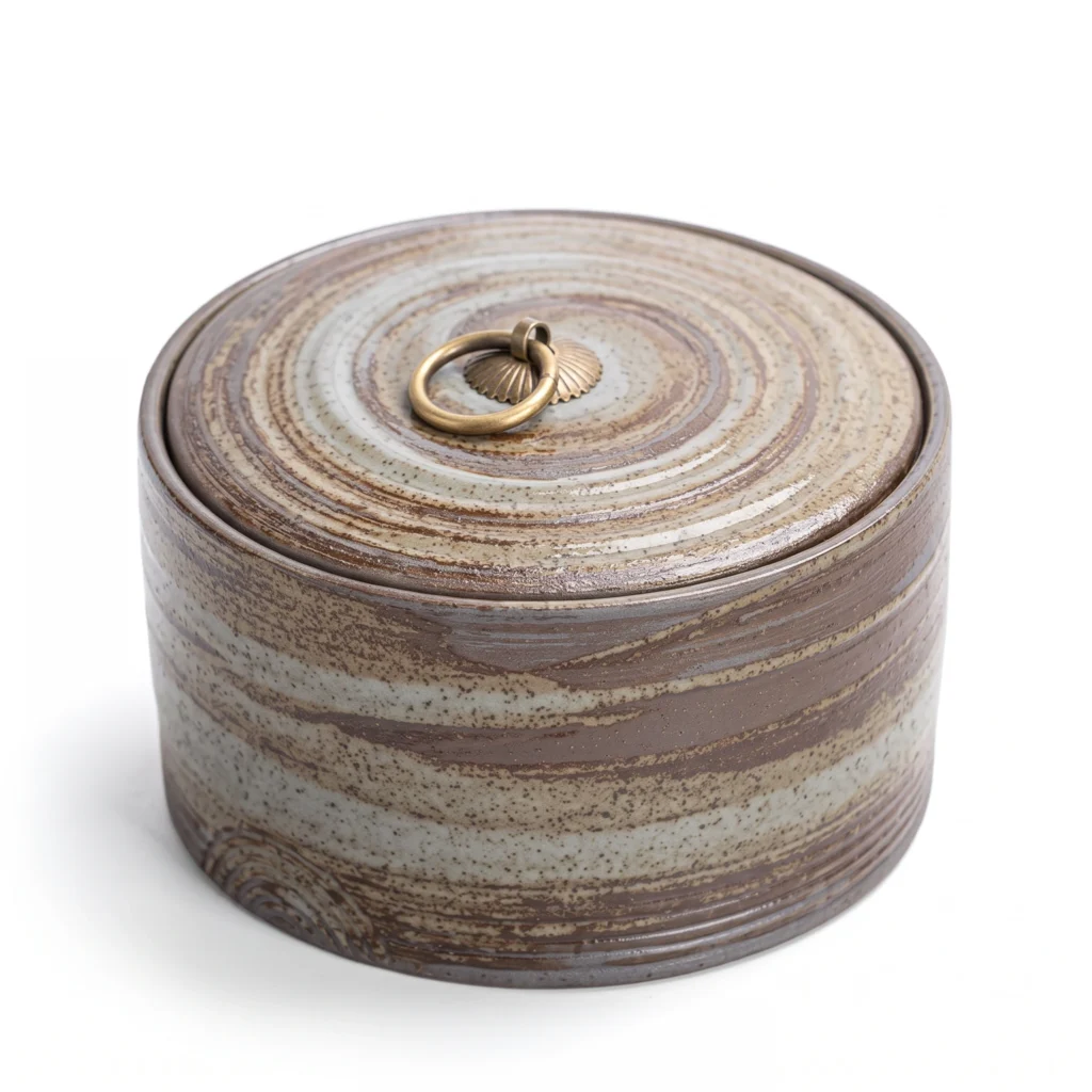 Vintage Japanese style ceramic keepsake urn for ashes, featuring a swirling brown and grey earthy glaze with a brass ring handle on the lid.