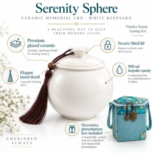 Serenity Sphere ceramic memorial urn infographic showing 900ml capacity, fitted lid, tassel and presentation box