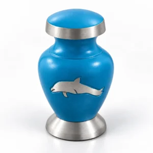 Aria's dolphin memorial keepsake urn with silver lid and blue finish