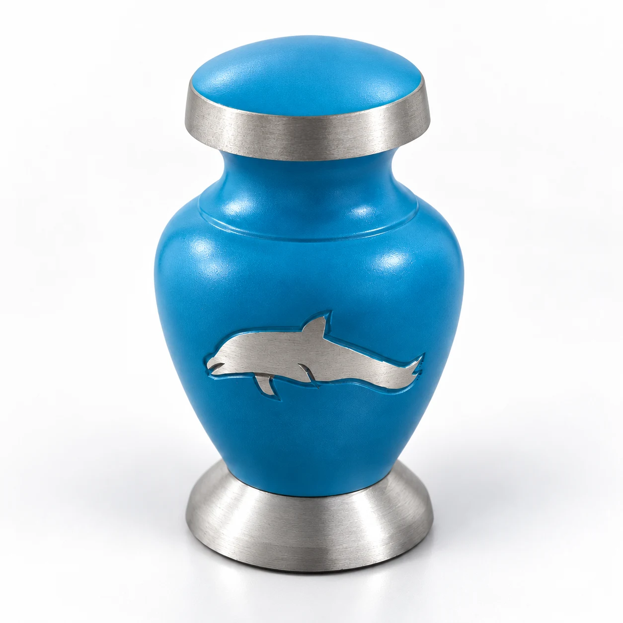 Aria's dolphin memorial keepsake urn with silver lid and blue finish