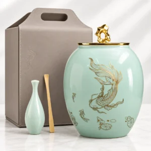 Celadon Koi ceramic cremation urn for ashes with gold koi design – 2L