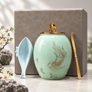 Celadon Koi ceramic cremation urn gift set with presentation box and accessories
