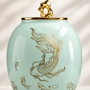 Close-up of Celadon Koi ceramic cremation urn with gold koi fish detailing