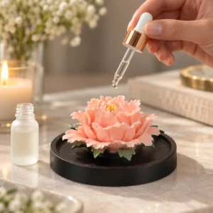 Essential oil being applied to pink ceramic peony flower diffuser