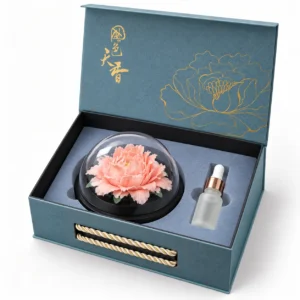 Ceramic peony flower diffuser and fragrance bottle inside memorial gift presentation box