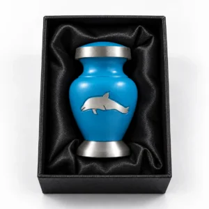 Dolphin keepsake urn for ashes inside black presentation box
