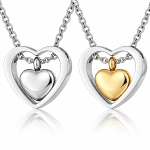 Eternal Embrace double heart ashes necklace in silver and gold stainless steel cremation jewellery