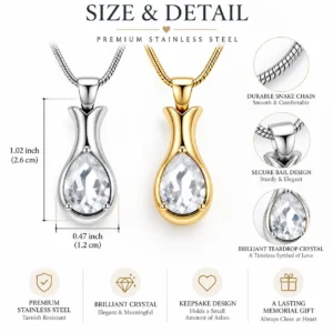 Eternal Lumière crystal ashes necklace size and dimensions in gold and silver stainless steel