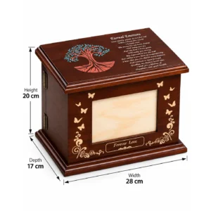 Forever Love wooden cremation urn with photo frame showing 28 cm width, 20 cm height and 17 cm depth