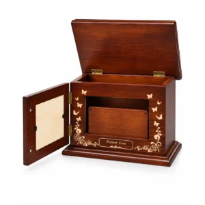 Forever Love wooden cremation urn with photo frame, open keepsake compartment and secure ash chamber