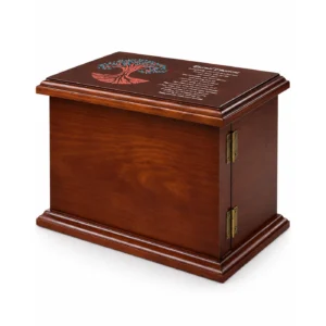 Rear and side view of Forever Love wooden cremation urn with Tree of Life lid design and brass hinges