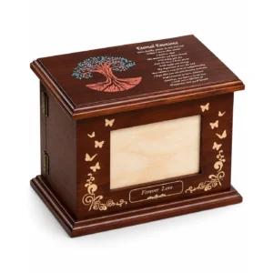Forever Love wooden cremation urn with photo frame, Tree of Life design and butterfly detailing for adult ashes