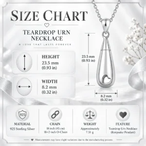 Love Within silver urn necklace size chart showing pendant height, width, chain length and 925 sterling silver details
