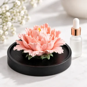 Pink peony ceramic essential oil diffuser on elegant dark display base
