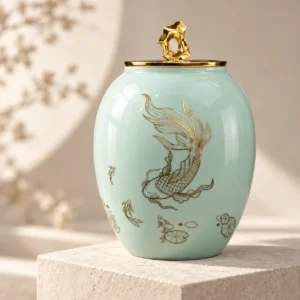 Premium celadon koi ceramic cremation urn for ashes with gold fish design