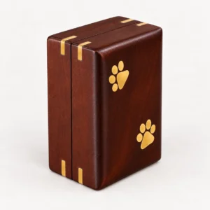 Premium pet urn with gold paw inlay and decorative wooden corner details