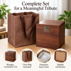 Premium walnut-finish wooden cremation urn for ashes with carry bag, protective inner liner and padded lid interior