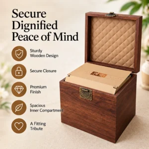 Premium walnut-finish wooden cremation urn for ashes with secure closure, padded lid and spacious inner compartment