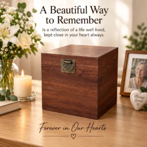 Premium walnut-finish wooden cremation urn for ashes displayed with flowers, candle and memorial photograph