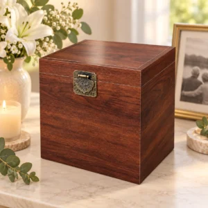 Premium walnut wooden cremation urn for ashes displayed in an elegant home memorial setting