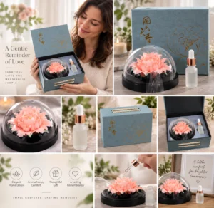Serenity Peony memorial gift set showing flower diffuser, packaging, fragrance bottle and home display