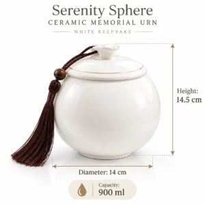 Serenity Sphere ceramic urn dimensions showing 14.5cm height, 14cm diameter and 900ml capacity