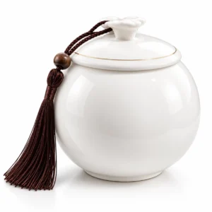 Serenity Sphere white ceramic memorial urn for ashes with brown tassel, 900ml keepsake urn