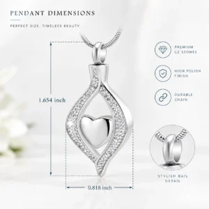 Silver heart ashes necklace with cubic zirconia memorial pendant and polished finish