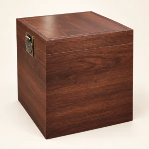 Rear and side view of walnut-finish wooden cremation urn for human ashes