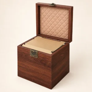 Open walnut-finish wooden cremation urn showing padded lid and inner compartment for ashes