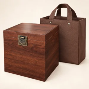 Premium wooden cremation urn for ashes with matching protective brown carry bag