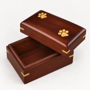 Open wooden pet ashes keepsake urn showing interior storage compartment