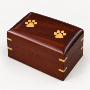 Wooden pet memorial box with gold paw print detailing for ashes