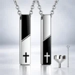 Cross Bar Urn Necklace for Ashes – Black & Silver Stainless Steel Cremation Jewellery