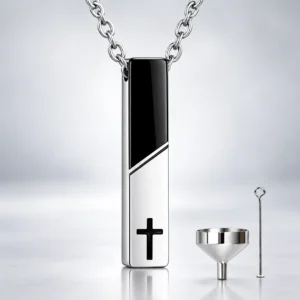Black and silver cross bar urn necklace for ashes with filling funnel and pin