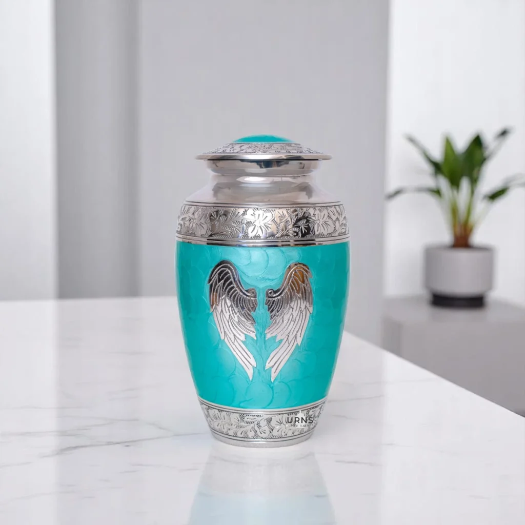 Angel wings metal urn for human or pet ashes – large green memorial urn