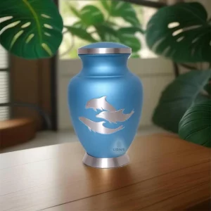 Top view of Aria's Dolphin's Grace cremation urn, blue metal urn